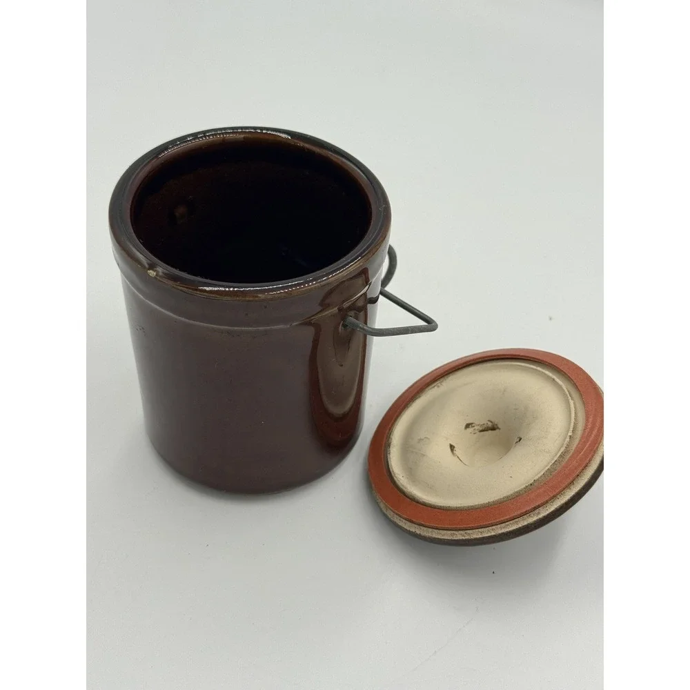 Vintage Brown Stoneware Canister Crock Wire Bail Lid Rustic Kitchen Storage